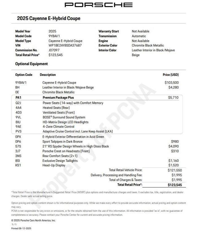 new 2025 Porsche Cayenne car, priced at $123,545