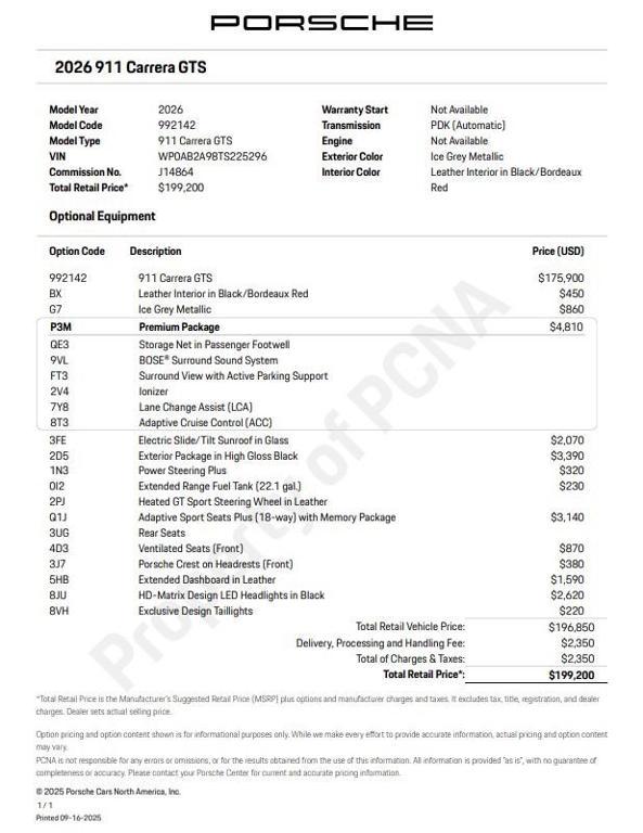 new 2026 Porsche 911 car, priced at $199,200