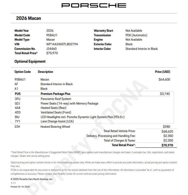 new 2026 Porsche Macan car, priced at $70,970