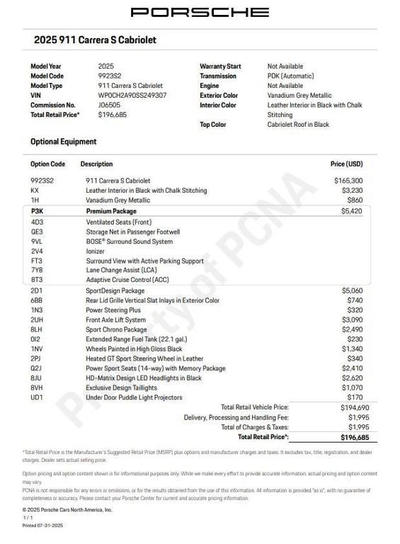 new 2025 Porsche 911 car, priced at $196,685