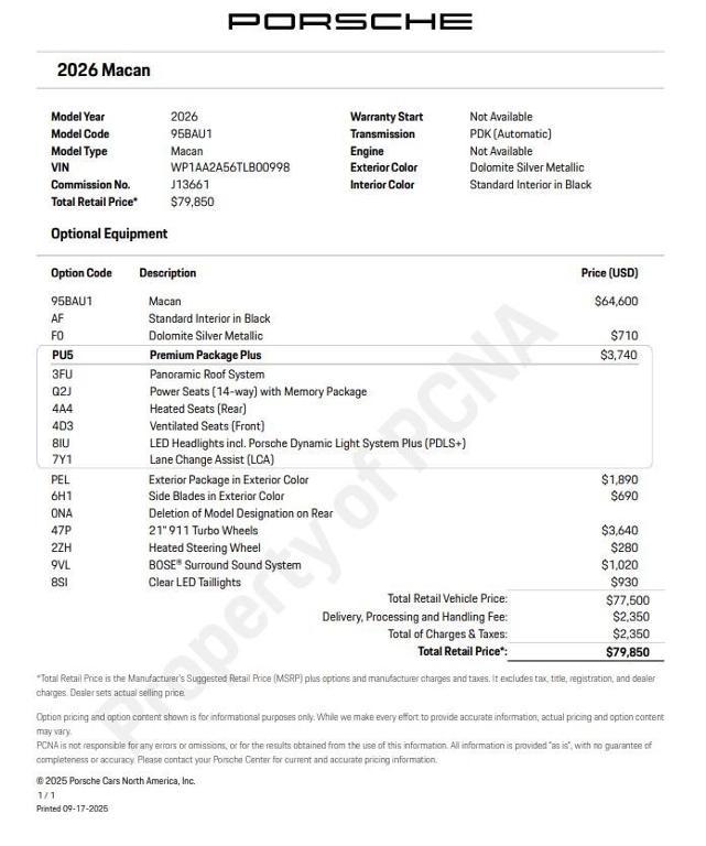 new 2026 Porsche Macan car, priced at $79,850