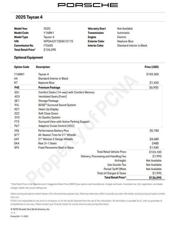 new 2025 Porsche Taycan car, priced at $126,095