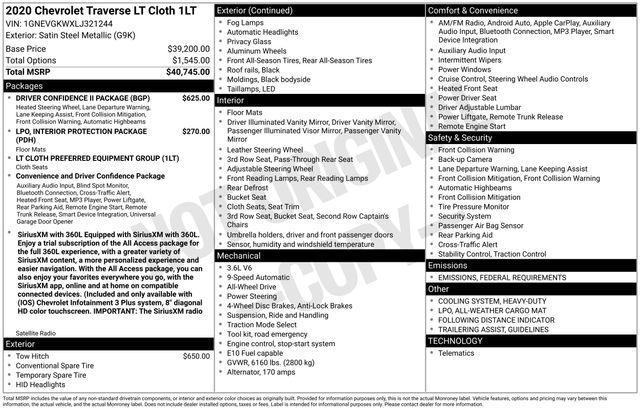 used 2020 Chevrolet Traverse car, priced at $15,929