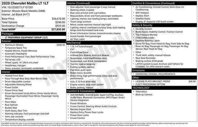 used 2020 Chevrolet Malibu car, priced at $11,698