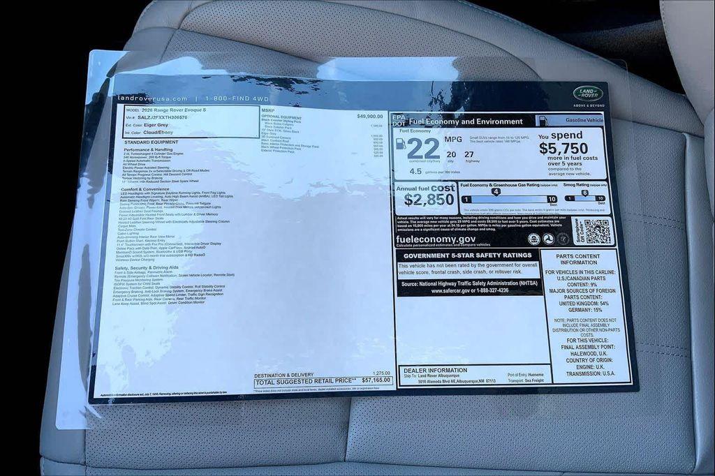 new 2026 Land Rover Range Rover Evoque car, priced at $57,165