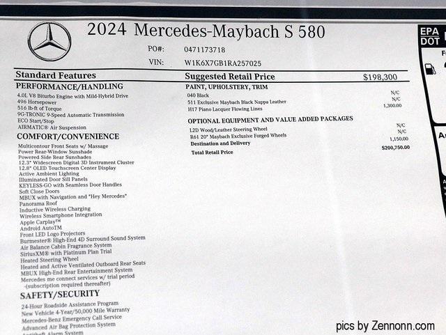 new 2024 Mercedes-Benz Maybach S 580 car, priced at $200,750