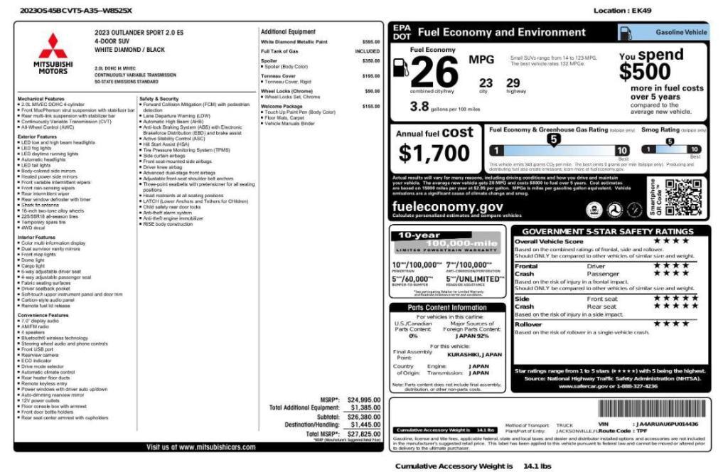 used 2023 Mitsubishi Outlander Sport car, priced at $16,499