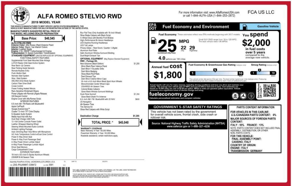 used 2019 Alfa Romeo Stelvio car, priced at $15,499