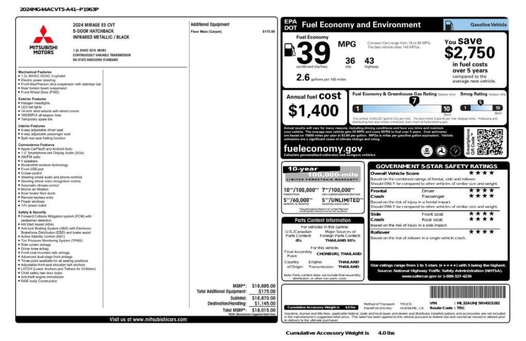 used 2024 Mitsubishi Mirage car, priced at $12,299