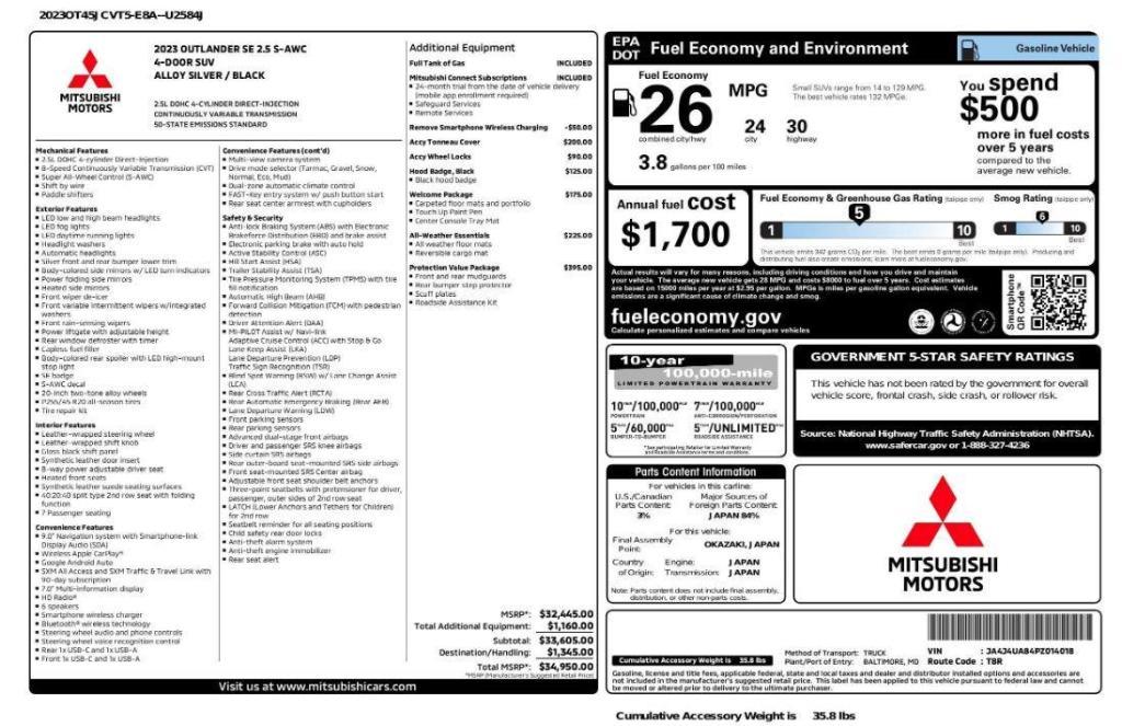 used 2023 Mitsubishi Outlander car, priced at $23,499