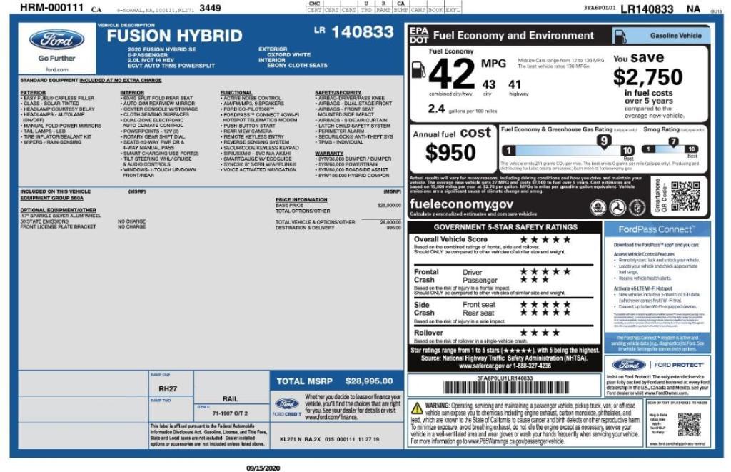 used 2020 Ford Fusion Hybrid car, priced at $14,599