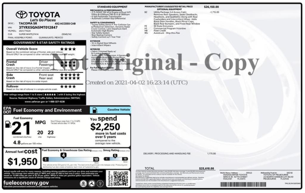 used 2021 Toyota Tacoma car, priced at $16,999