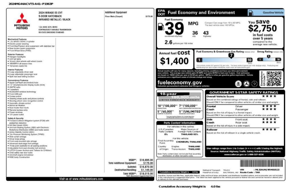 used 2024 Mitsubishi Mirage car, priced at $11,499