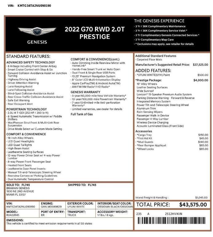 used 2022 Genesis G70 car, priced at $23,698