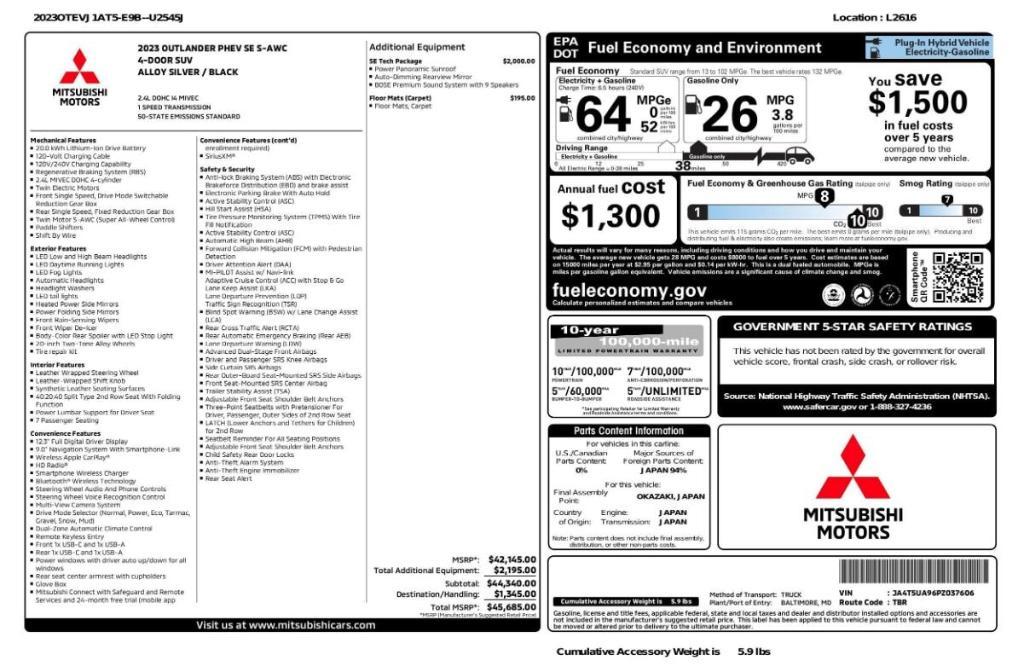 used 2023 Mitsubishi Outlander PHEV car, priced at $25,399