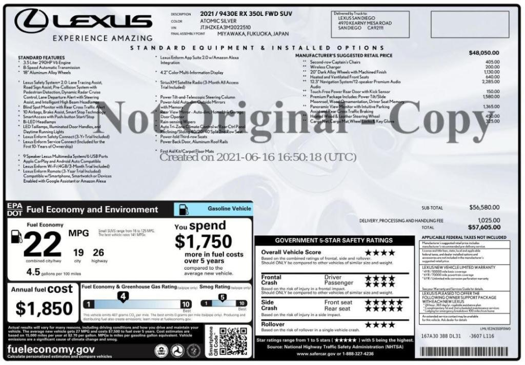 used 2021 Lexus RX 350L car, priced at $34,999
