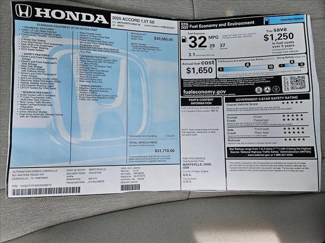 new 2025 Honda Accord car, priced at $30,374