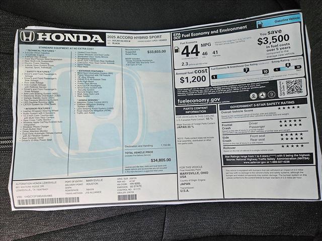 new 2025 Honda Accord Hybrid car, priced at $33,323