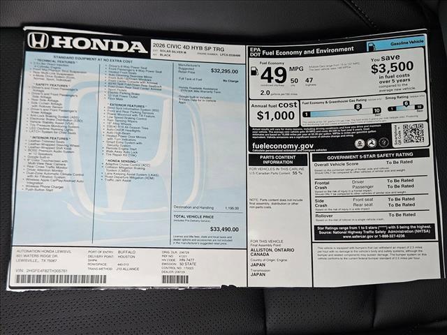 new 2026 Honda Civic Hybrid car, priced at $31,588