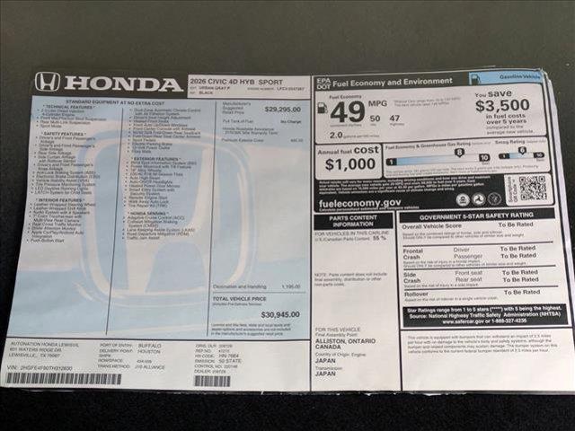 new 2026 Honda Civic Hybrid car, priced at $29,647