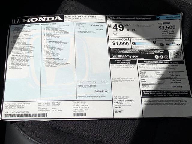 new 2026 Honda Civic Hybrid car, priced at $30,445