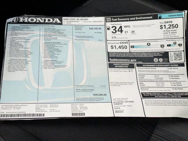 new 2026 Honda Civic car, priced at $28,200