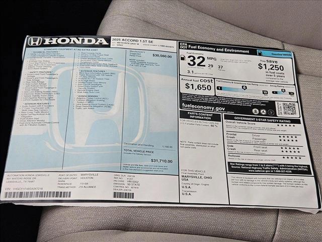 new 2025 Honda Accord car, priced at $30,374