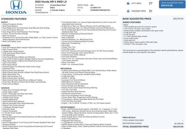 used 2022 Honda HR-V car, priced at $20,500