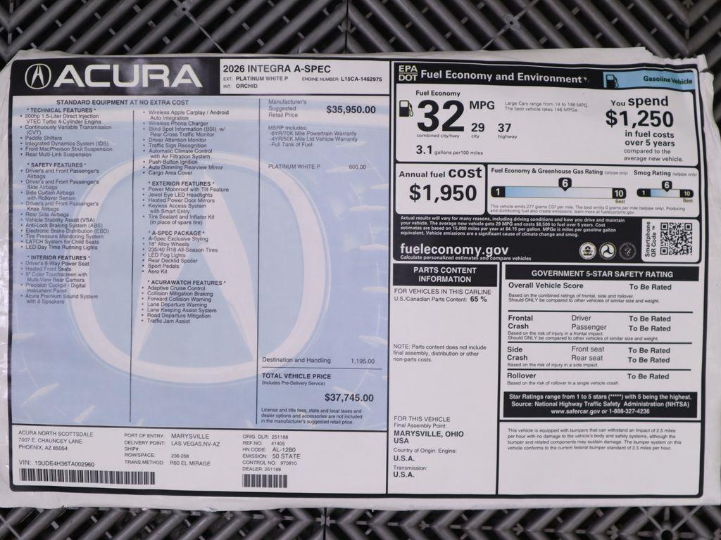 new 2026 Acura Integra car, priced at $37,745