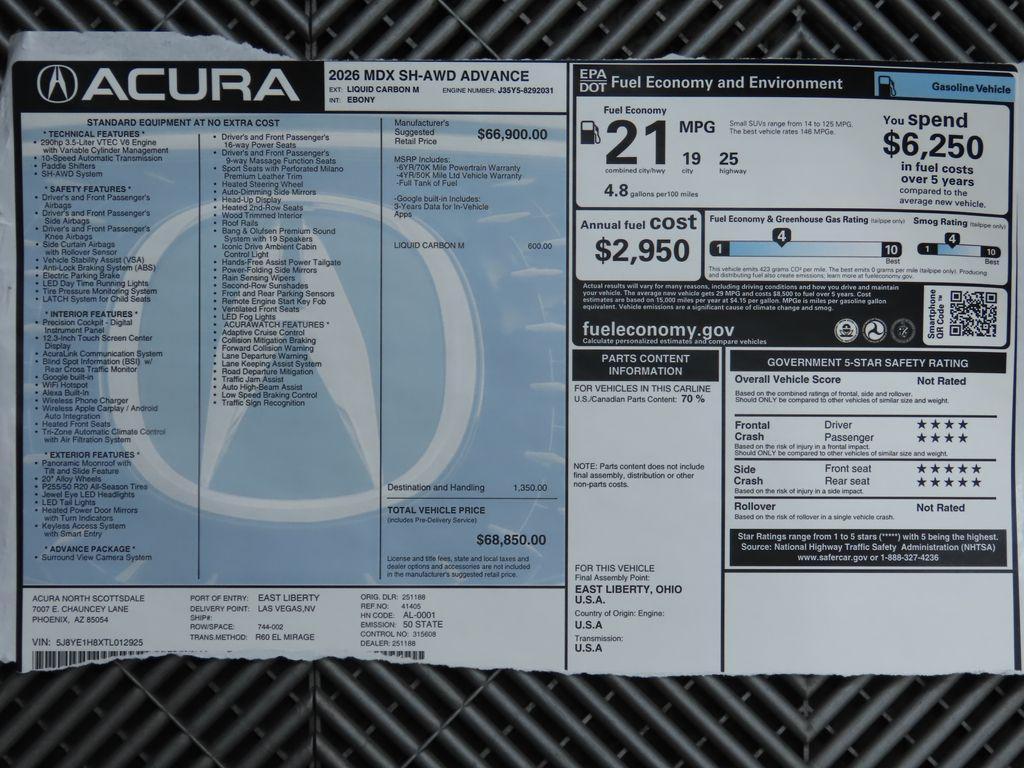 new 2026 Acura MDX car, priced at $68,850