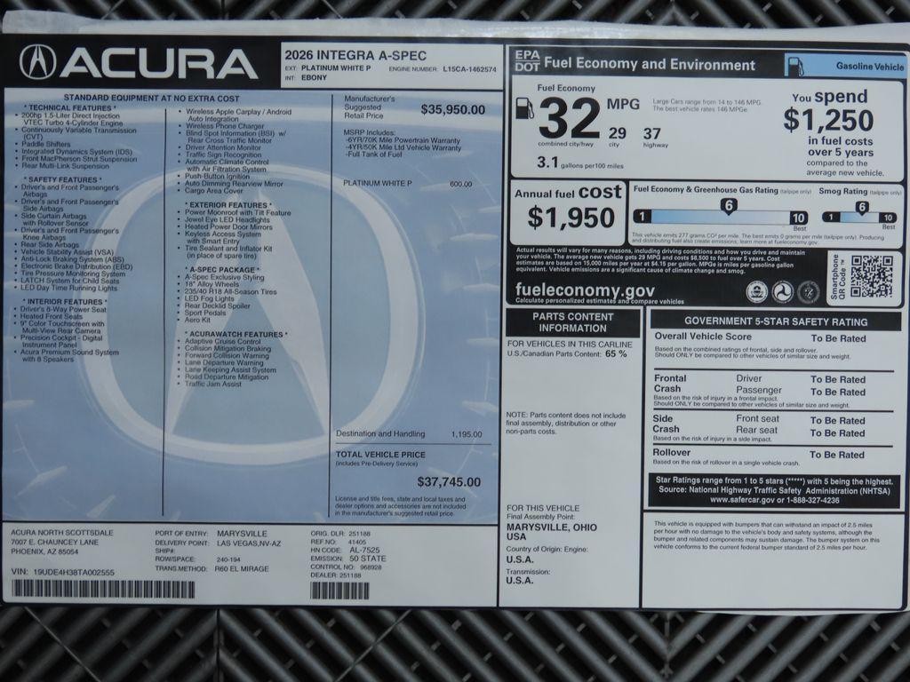 new 2026 Acura Integra car, priced at $37,745