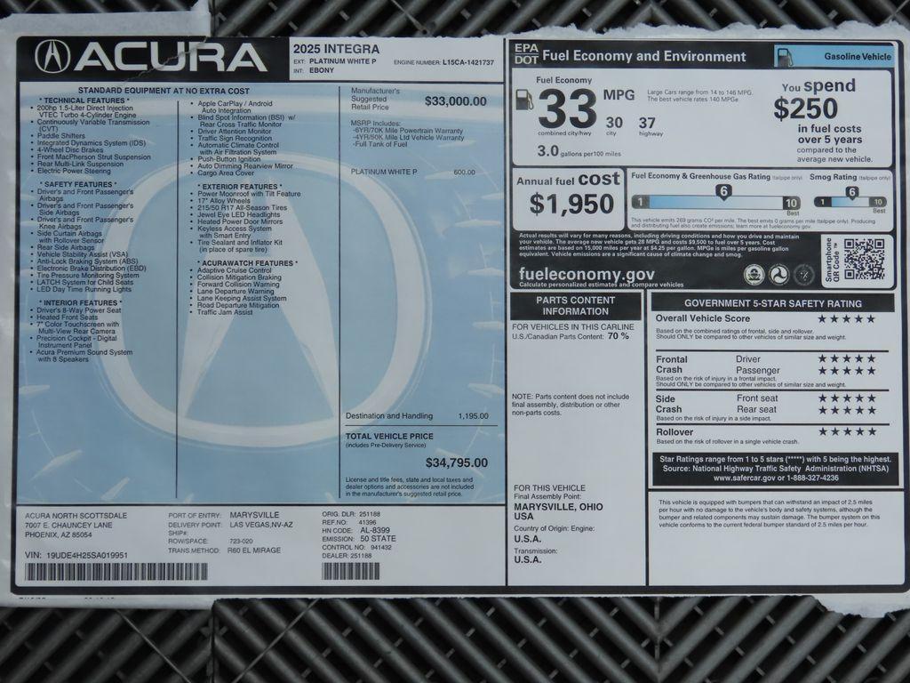 new 2025 Acura Integra car, priced at $34,795