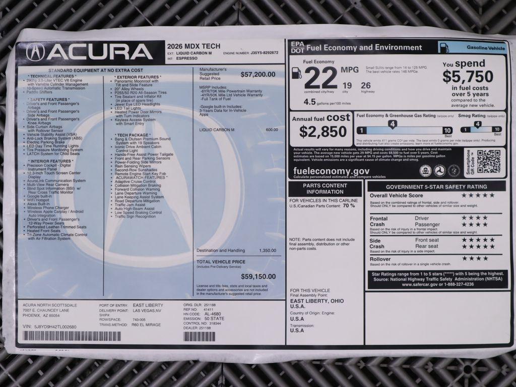 new 2026 Acura MDX car, priced at $59,150