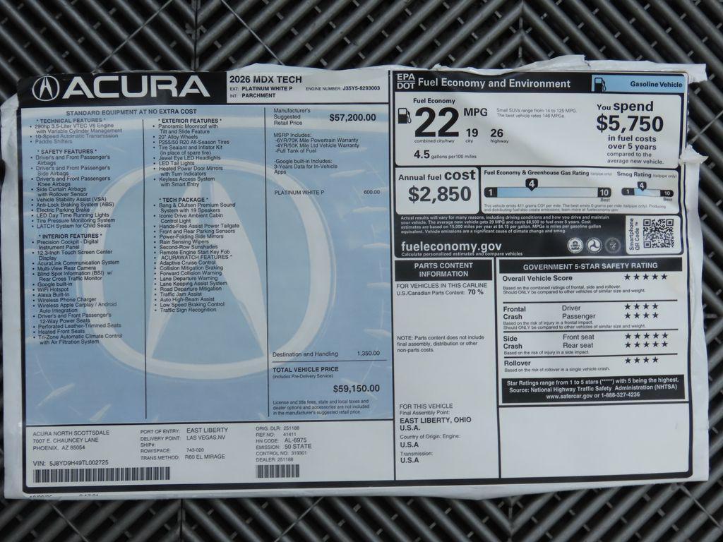 new 2026 Acura MDX car, priced at $59,150