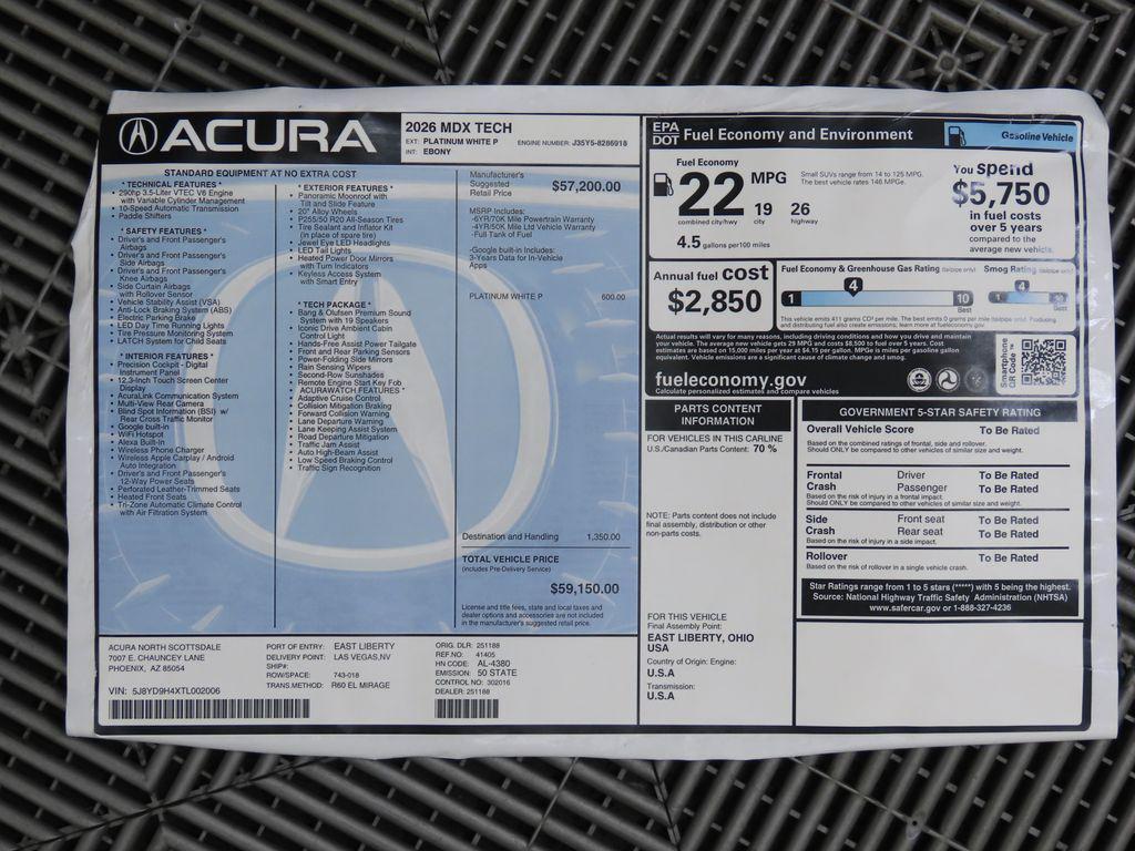 new 2026 Acura MDX car, priced at $59,150