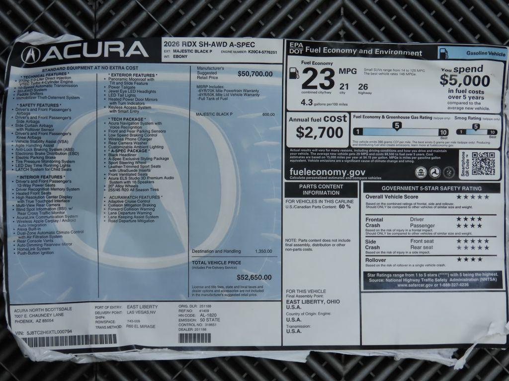 new 2026 Acura RDX car, priced at $52,650