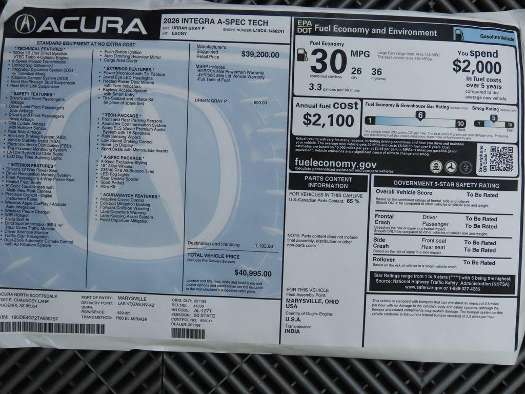 new 2026 Acura Integra car, priced at $40,995