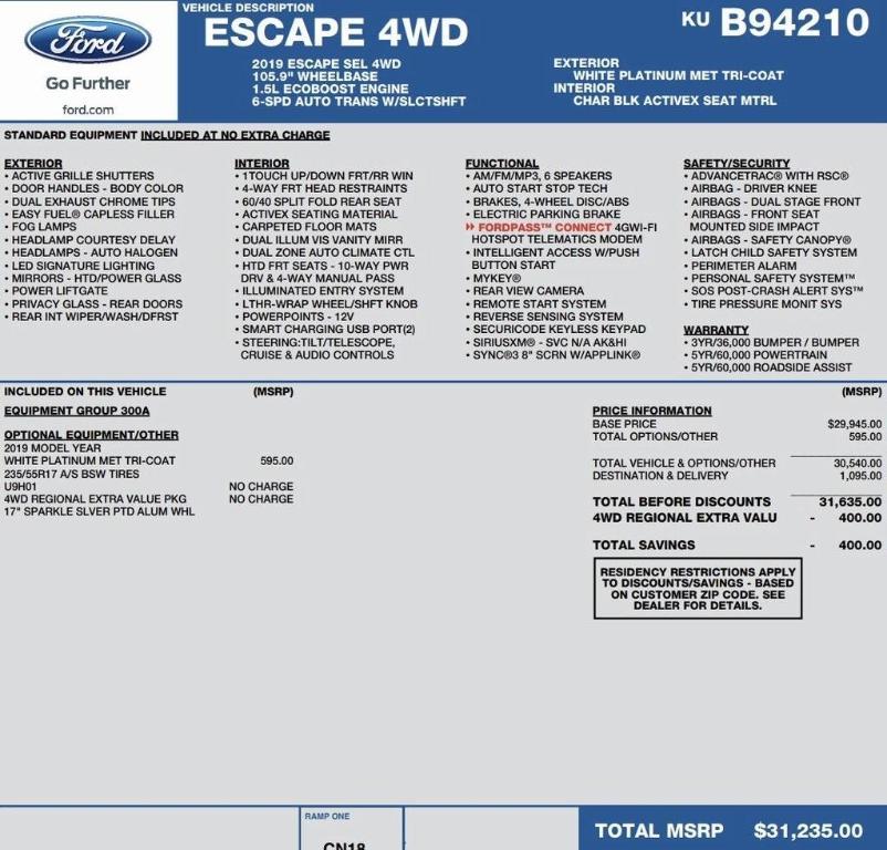 used 2019 Ford Escape car, priced at $16,995
