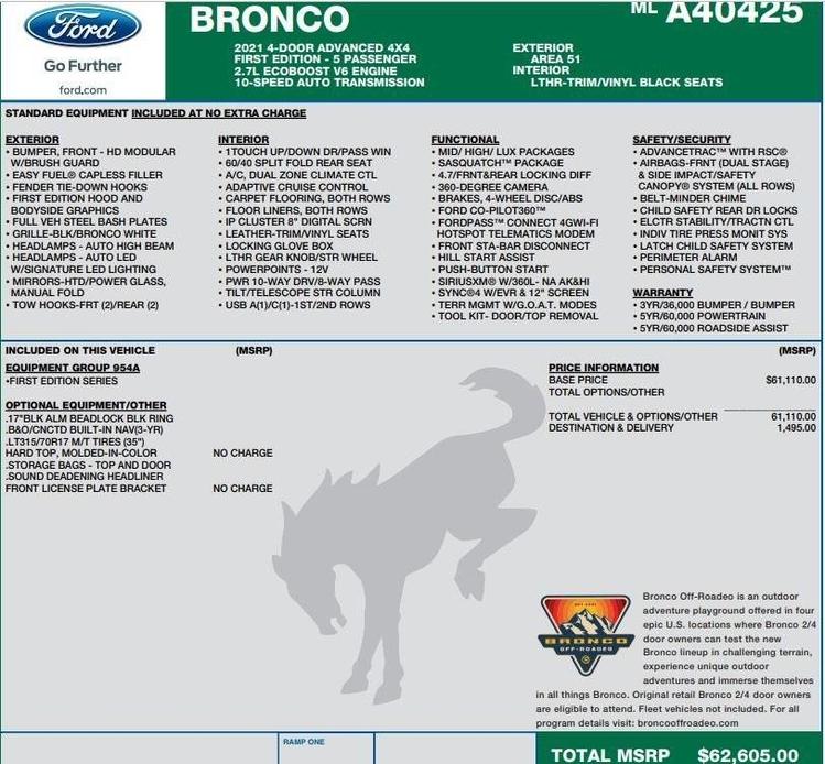used 2021 Ford Bronco car, priced at $51,495