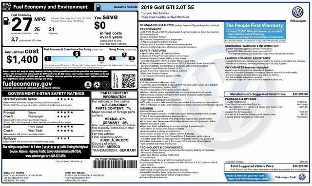 used 2019 Volkswagen Golf GTI car, priced at $18,995