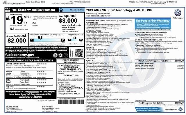 used 2019 Volkswagen Atlas car, priced at $17,995