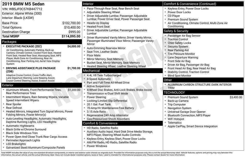 used 2019 BMW M5 car, priced at $63,877