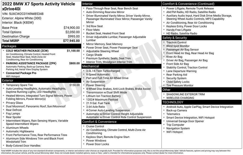 used 2022 BMW X7 car, priced at $36,855