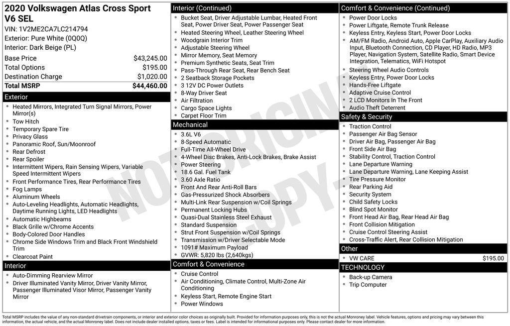 used 2020 Volkswagen Atlas Cross Sport car, priced at $19,989