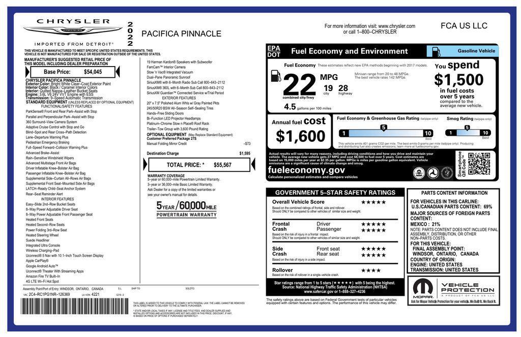 used 2022 Chrysler Pacifica car, priced at $57,500