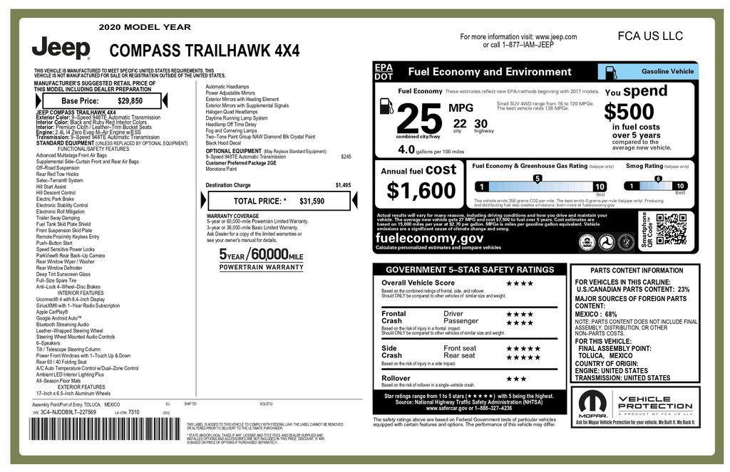 used 2020 Jeep Compass car, priced at $15,293