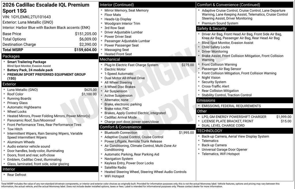 new 2026 Cadillac Escalade IQL car, priced at $159,239