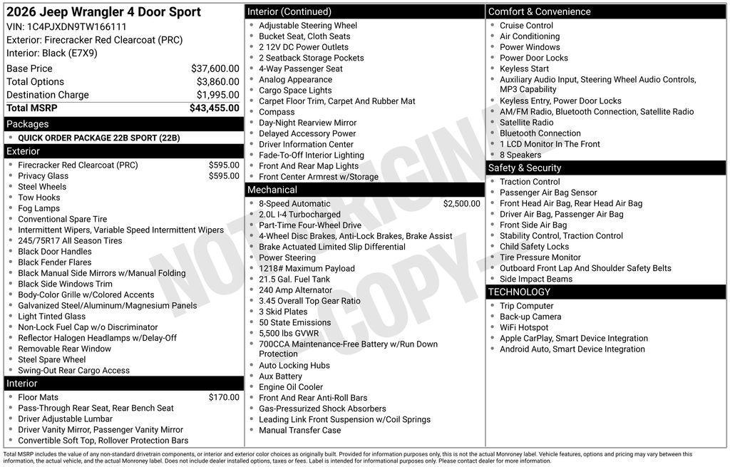 new 2026 Jeep Wrangler car, priced at $39,121