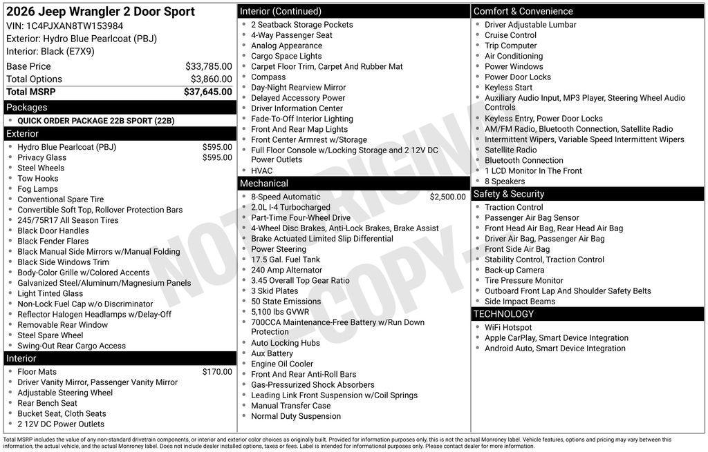 new 2026 Jeep Wrangler car, priced at $38,140