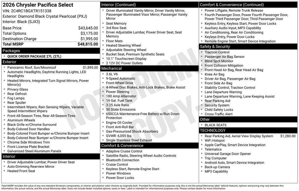 new 2026 Chrysler Pacifica car, priced at $44,135
